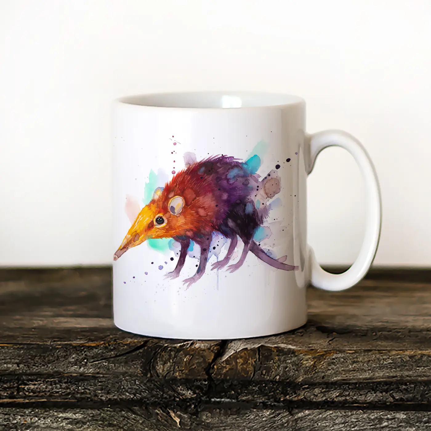 Ceramic mug with a watercolour elephant shrew print