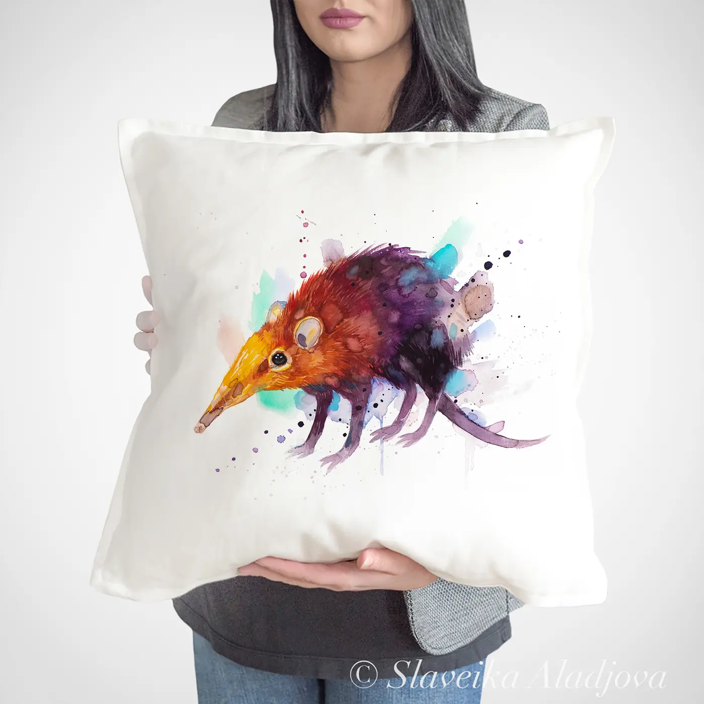 Cushion with a watercolour elephant shrew print