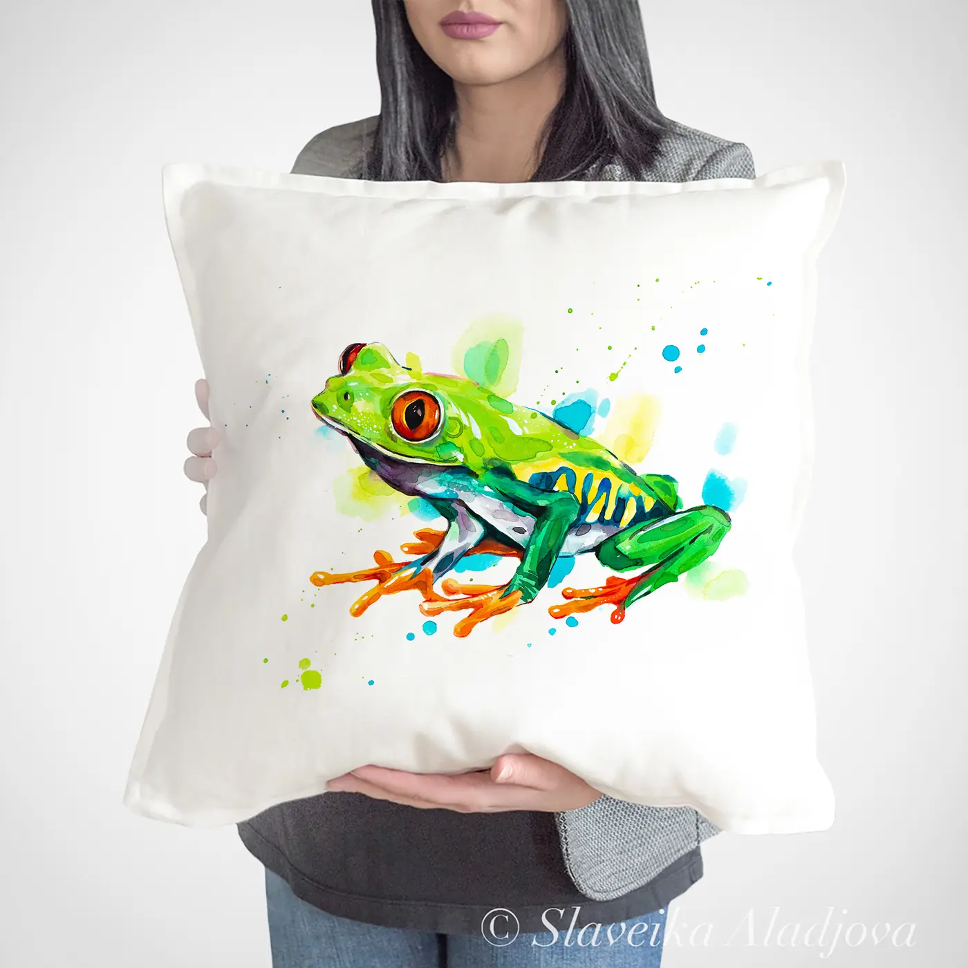 Cushion with a watercolour red-eyed tree frog print