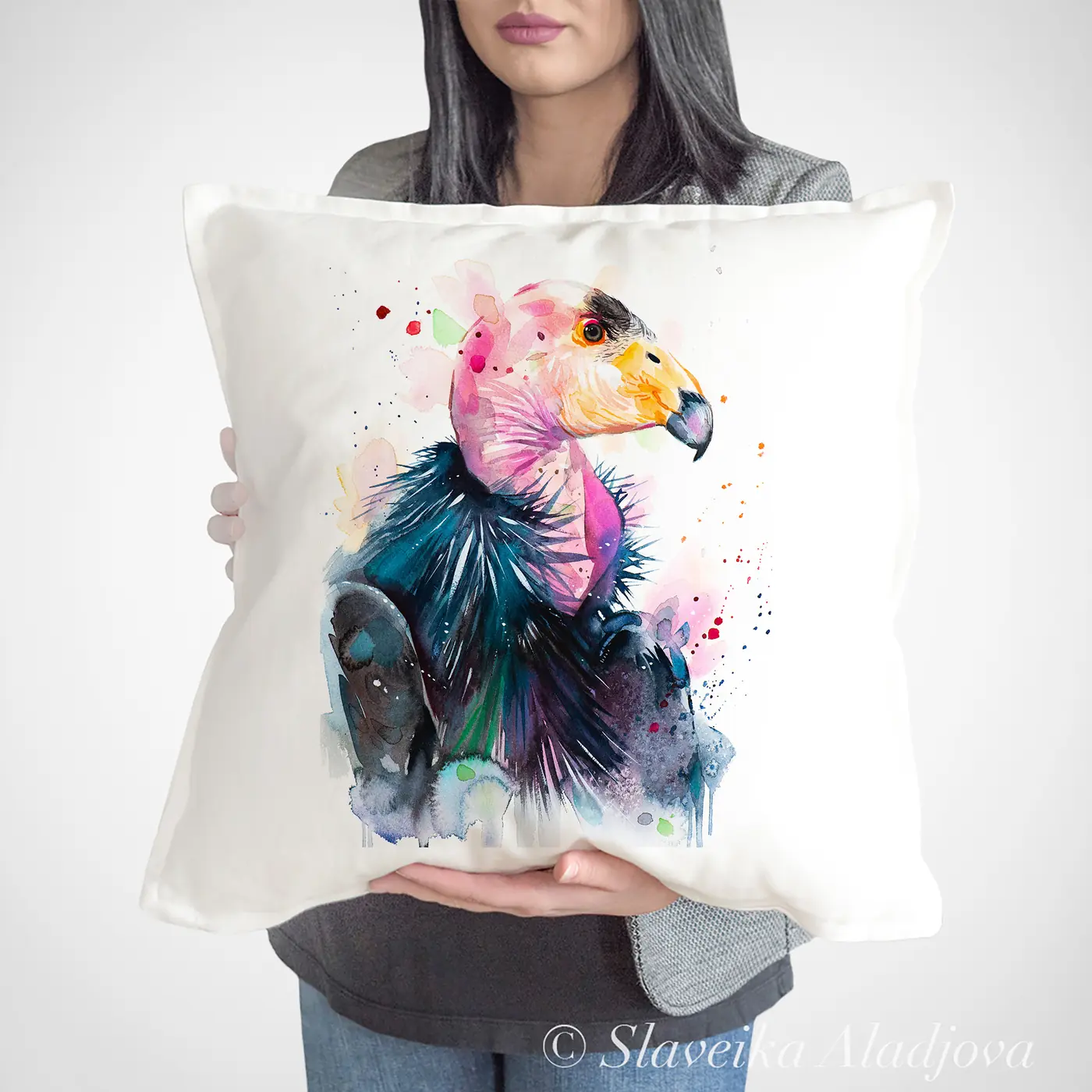 Cushion with a watercolour california condor print