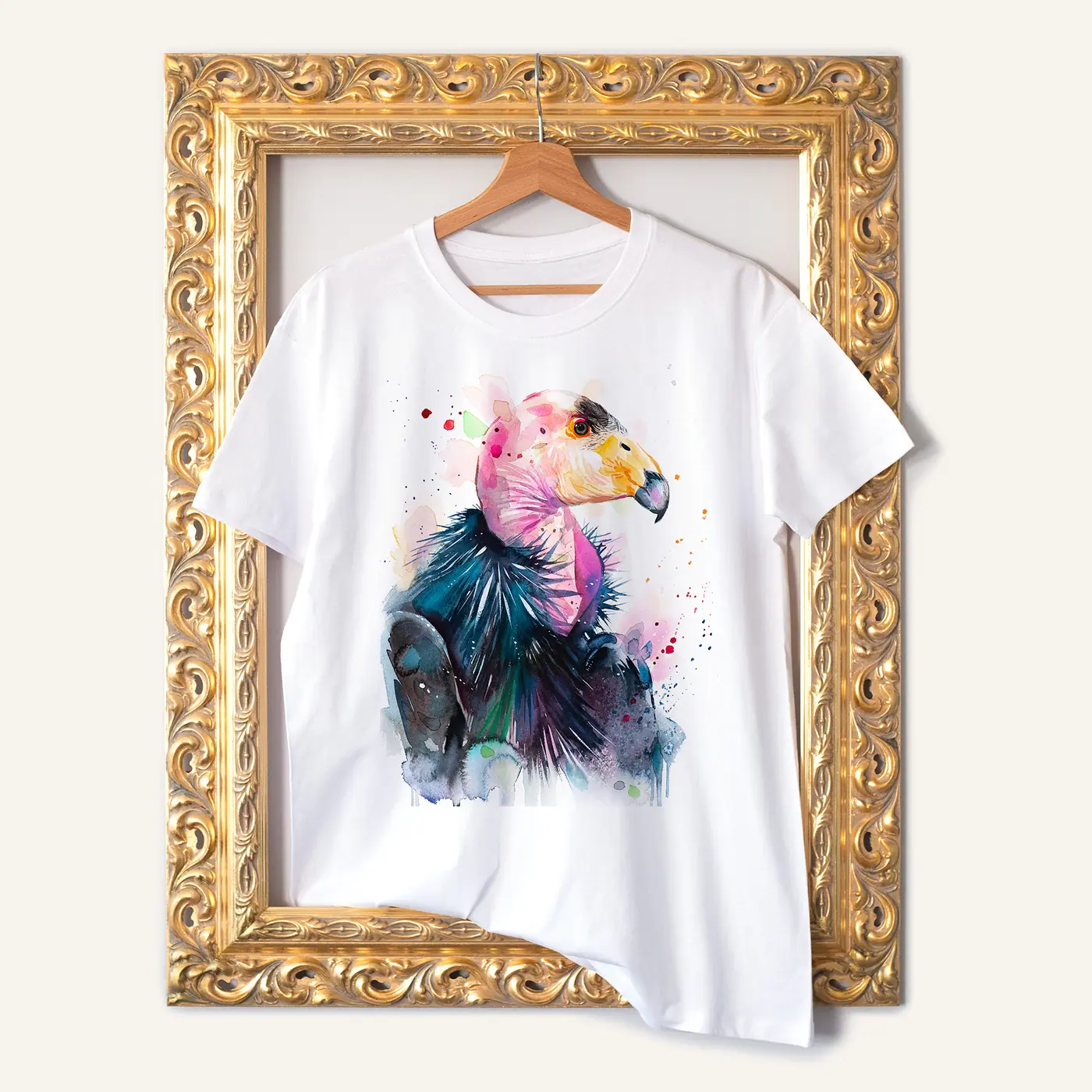 White t-shirt with a watercolour california condor print