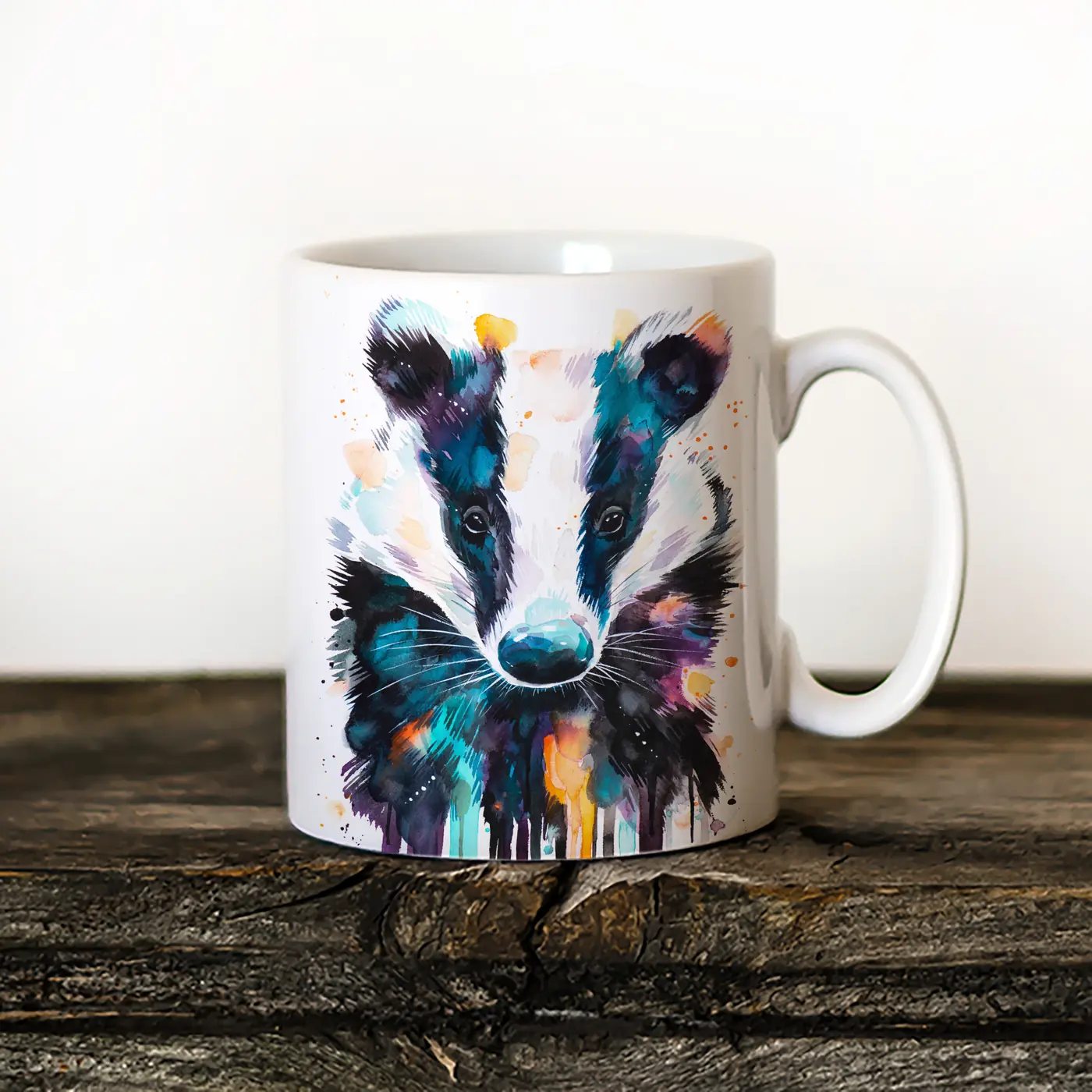 Ceramic mug with a watercolour badger print