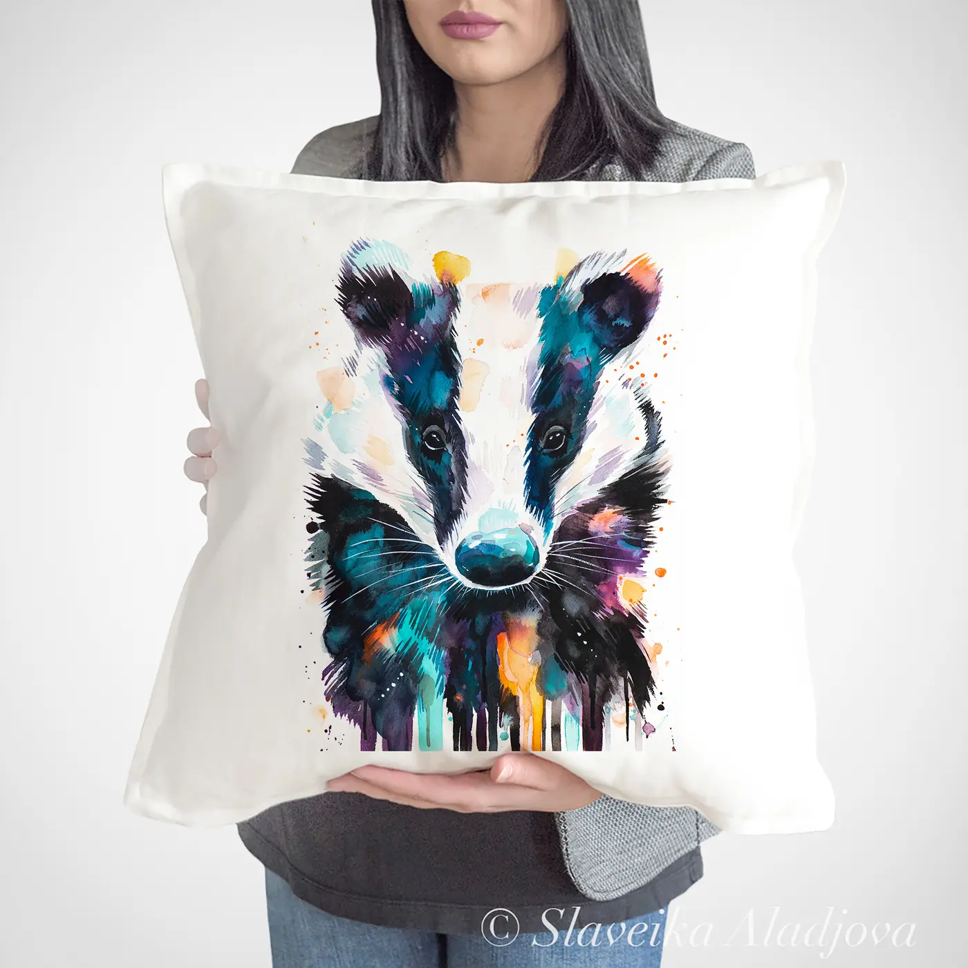 Cushion with a watercolour badger print
