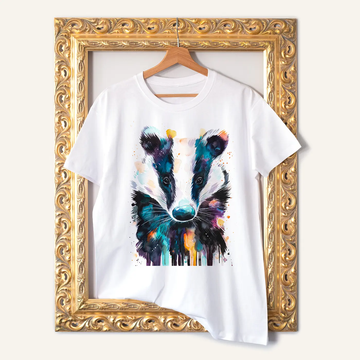 White t-shirt with a watercolour badger print