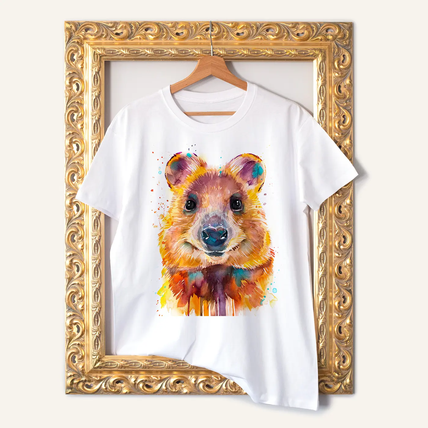 White t-shirt with a watercolour quokka print