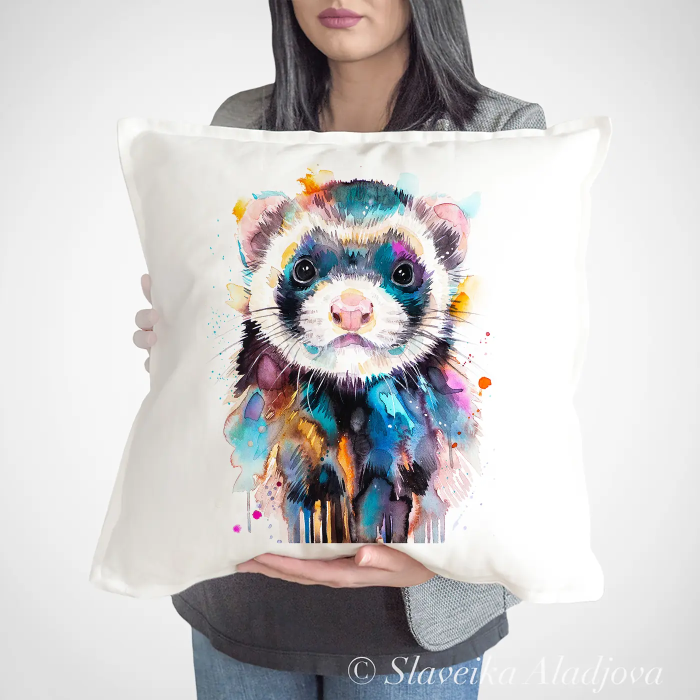 Cushion with a watercolour ferret print