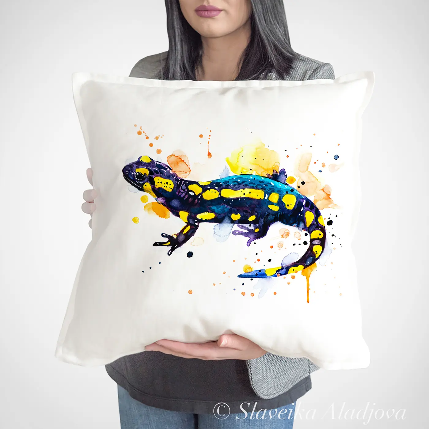 Cushion with a watercolour salamander print