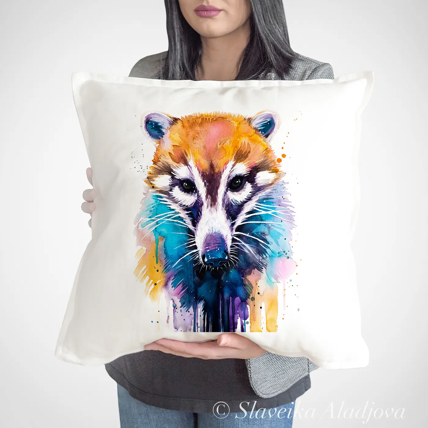 Cushion with a watercolour coati print