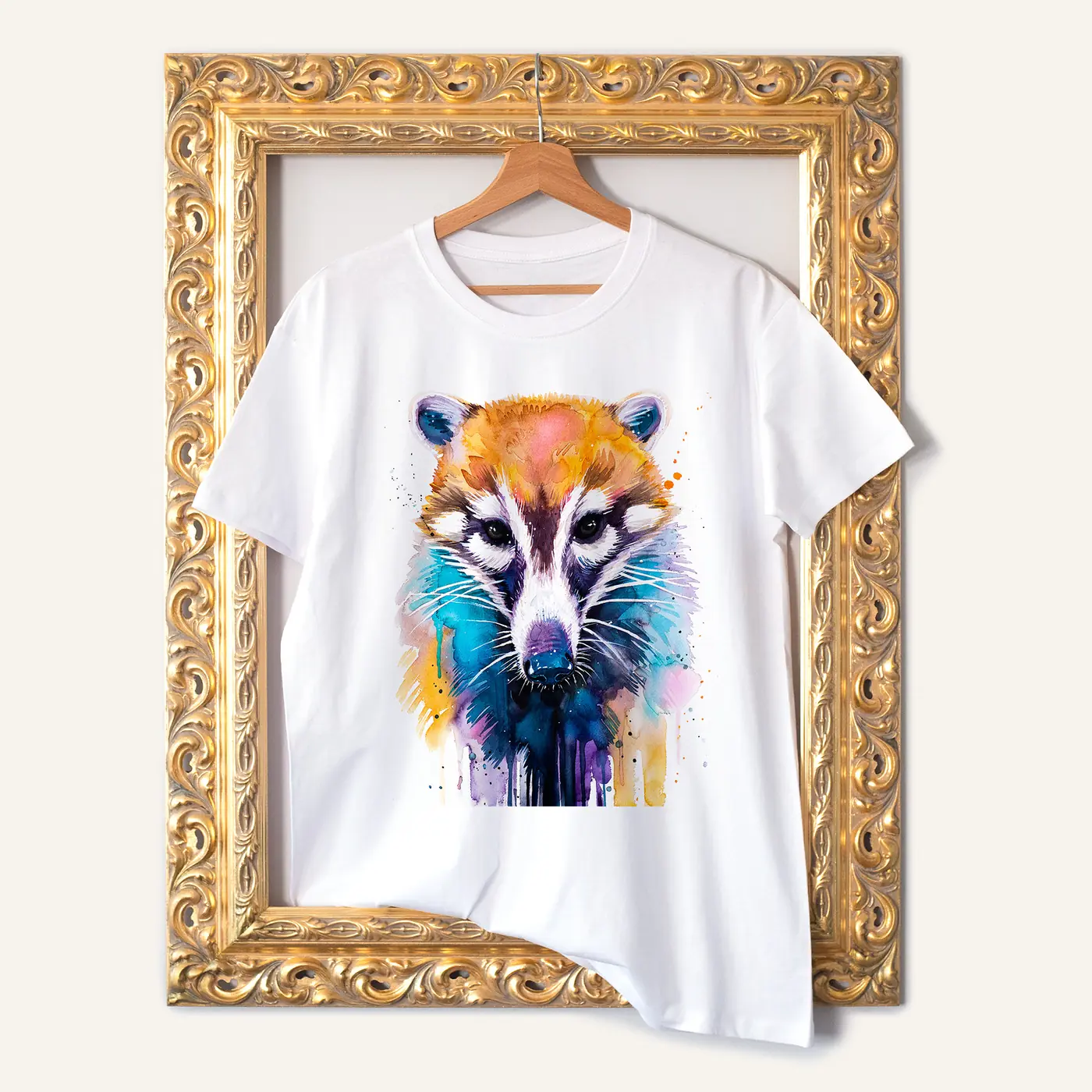 White t-shirt with a watercolour coati print