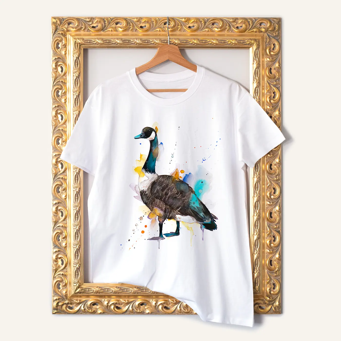 White t-shirt with a watercolour canada goose print