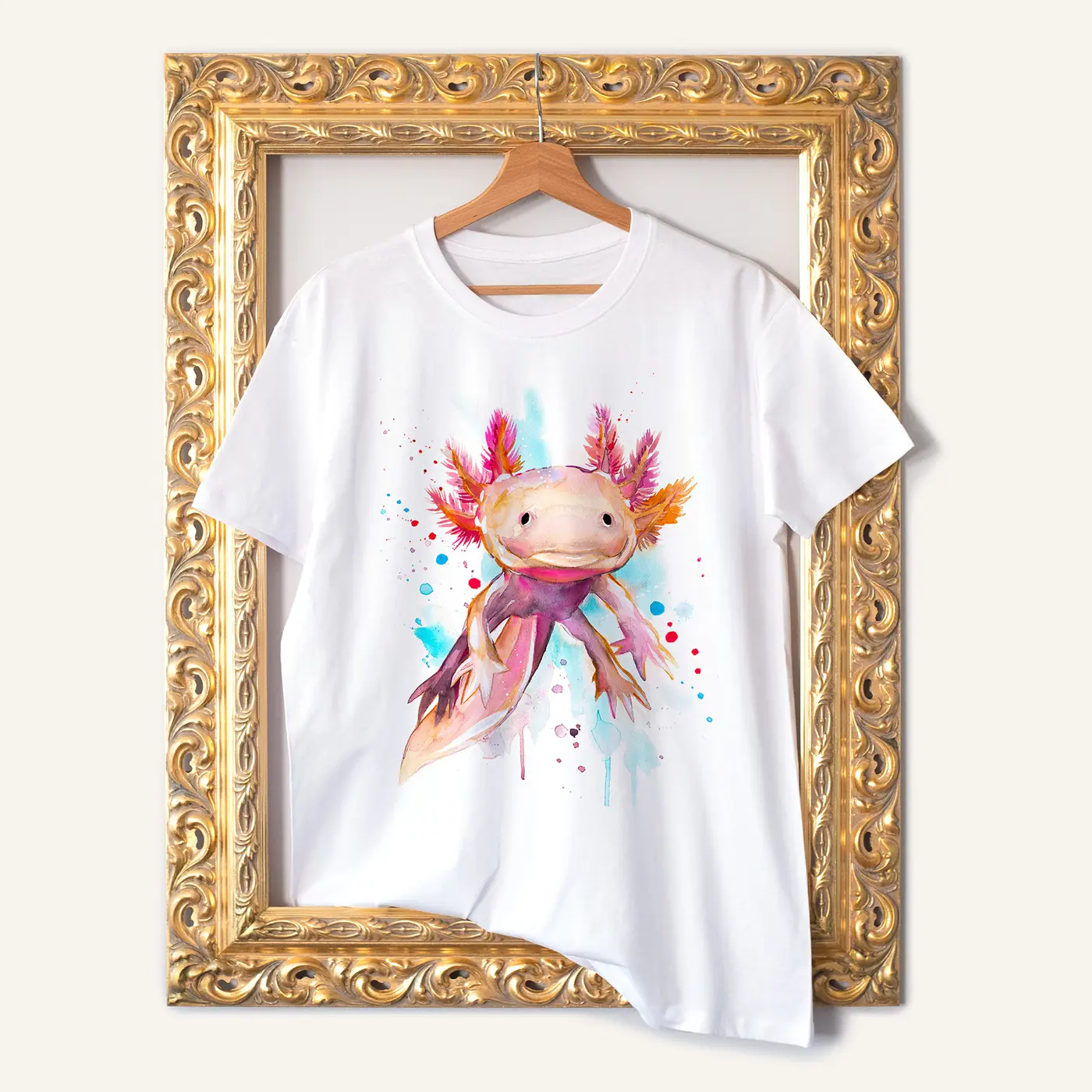 White t-shirt with a watercolour axolotl print