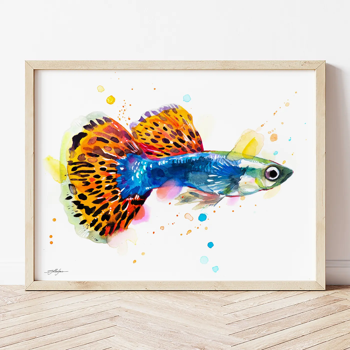 Art print with a watercolour guppy fish print