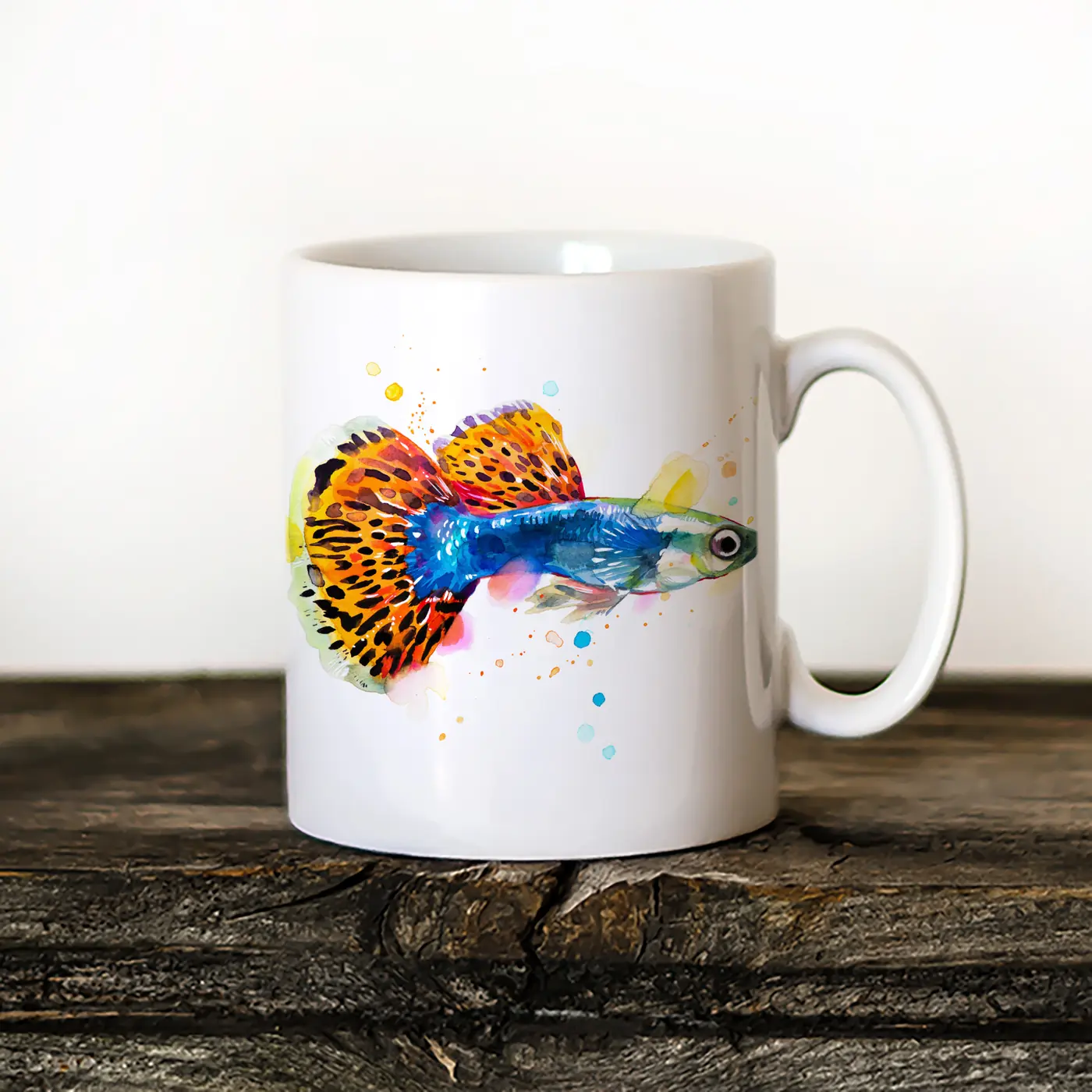 Ceramic mug with a watercolour guppy fish print