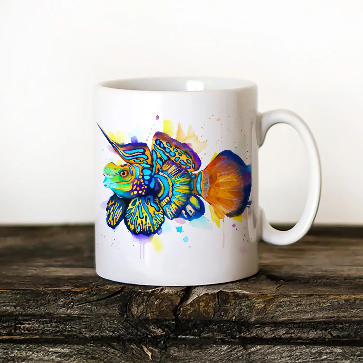 Ceramic mug with a watercolour mandarin fish print