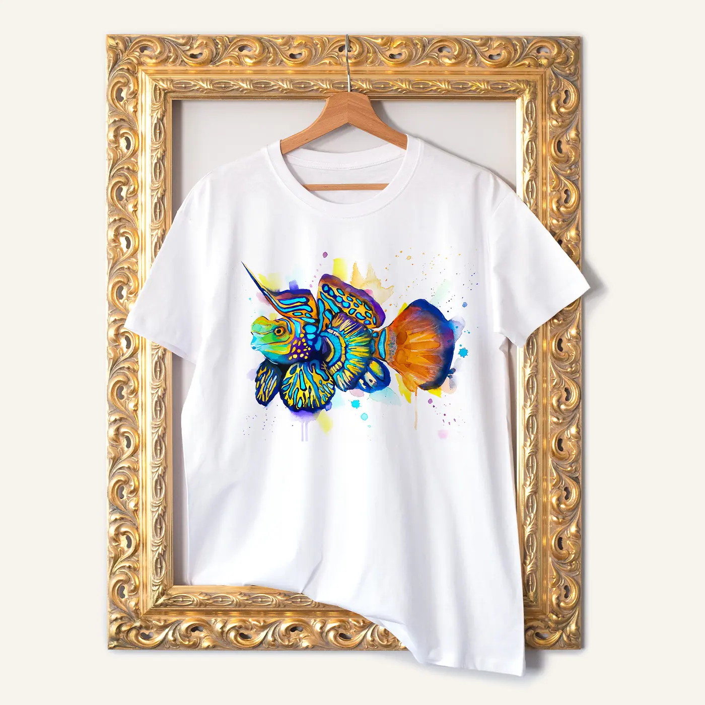 White t-shirt with a watercolour mandarin fish print
