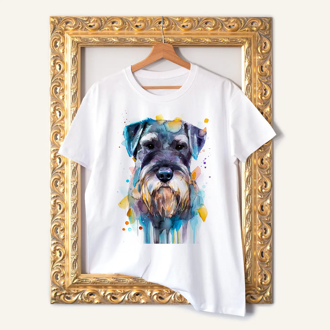White t-shirt with a watercolour schnauzer print