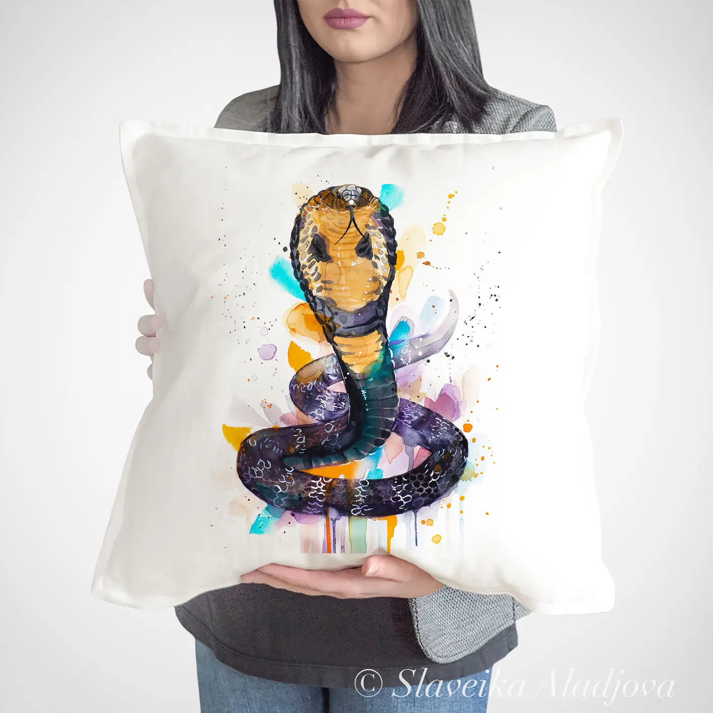 Cushion with a watercolour king cobra print