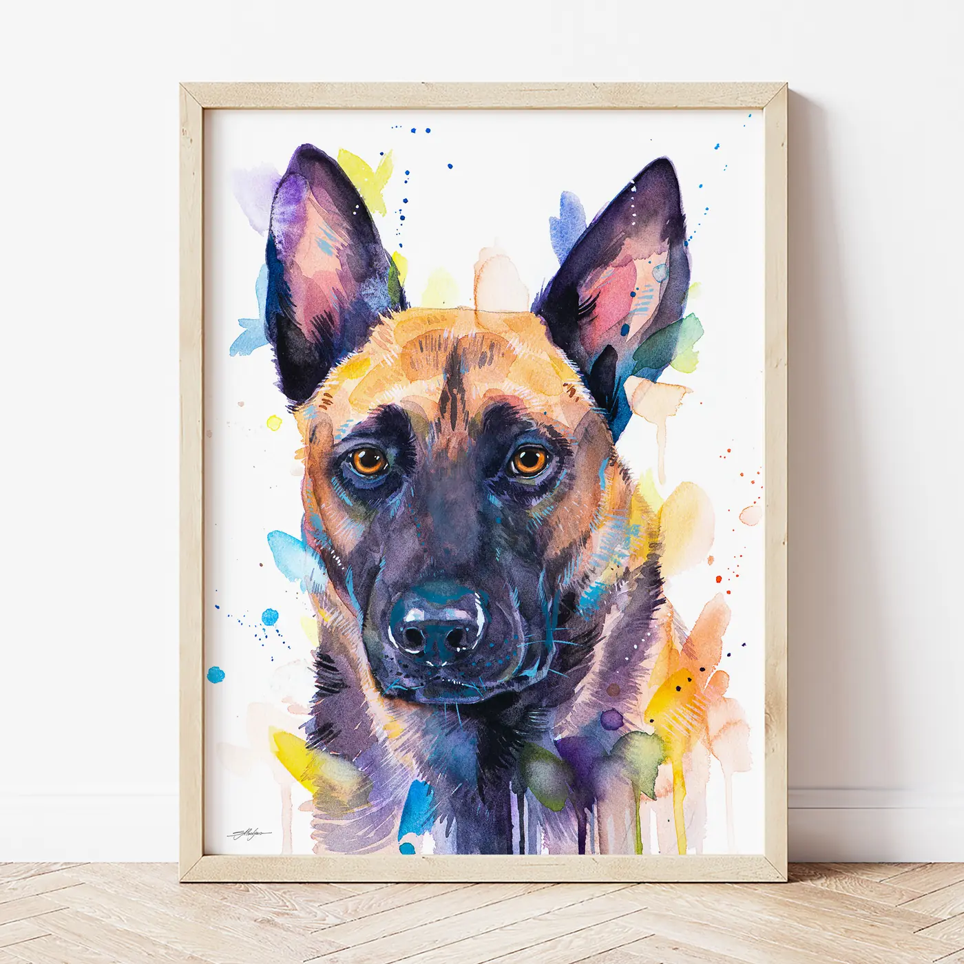 Art print with a watercolour belgian malinois print