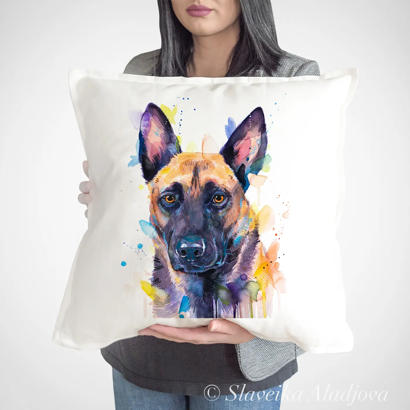 Cushion with a watercolour belgian malinois print