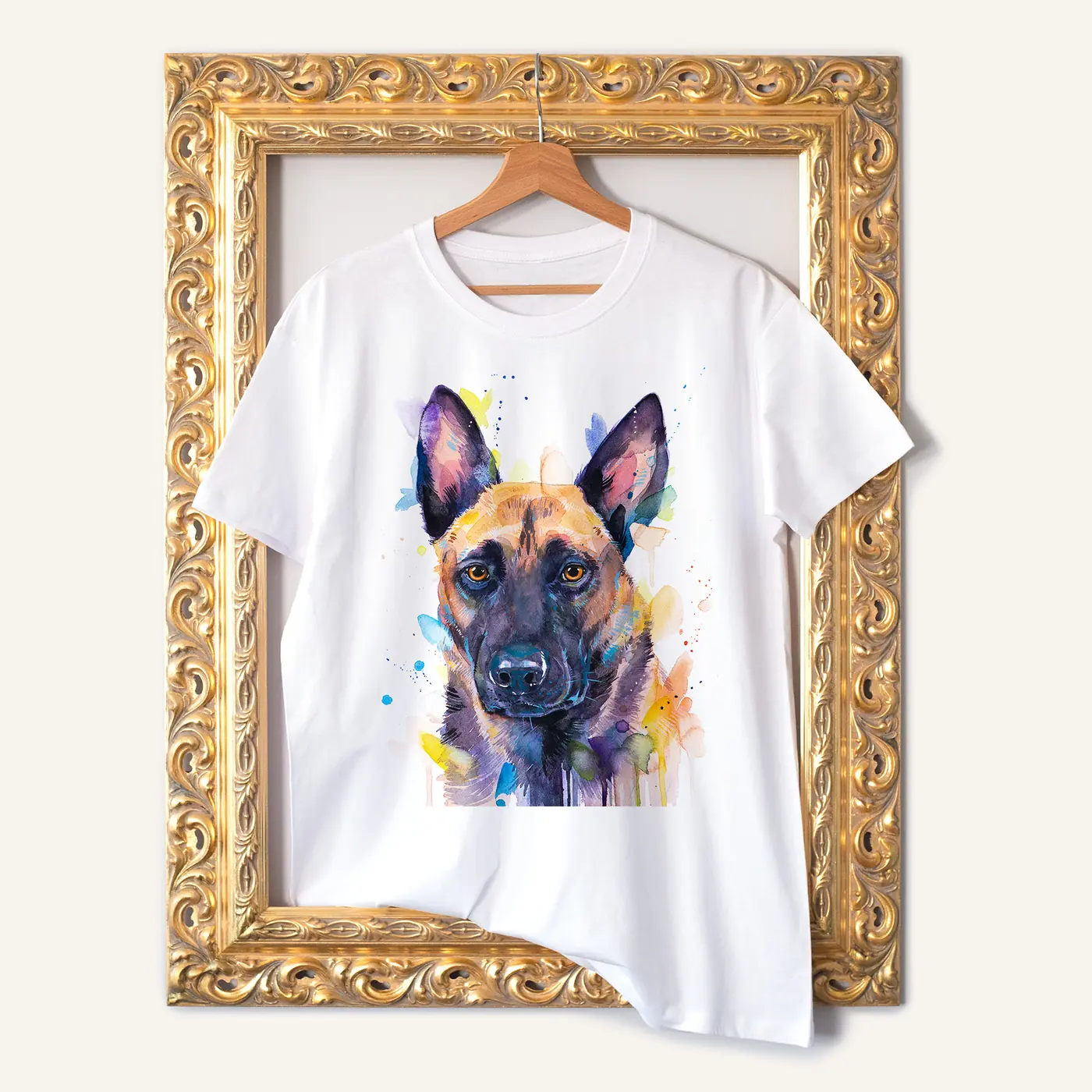White t-shirt with a watercolour belgian malinois print