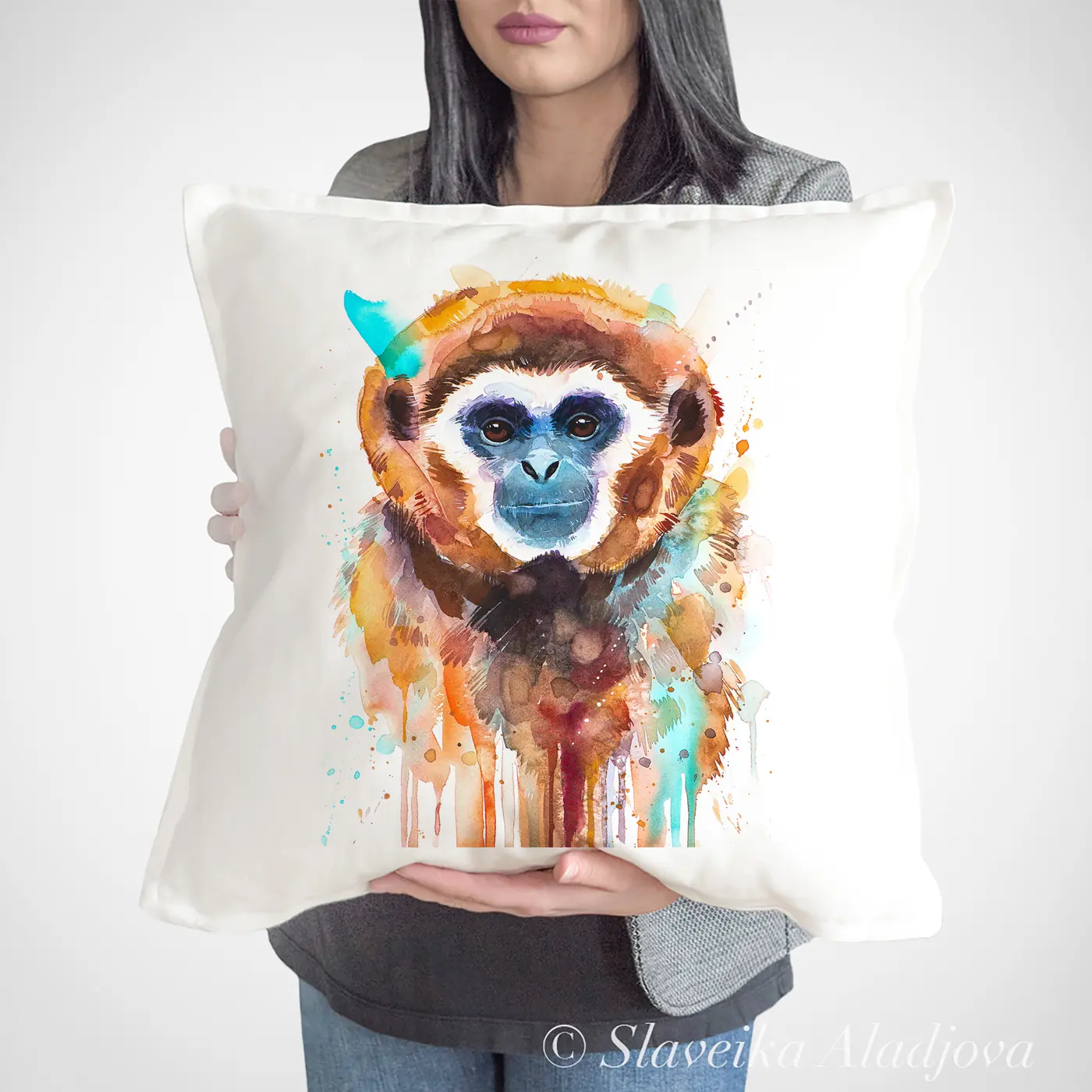 Cushion with a watercolour gibbon print