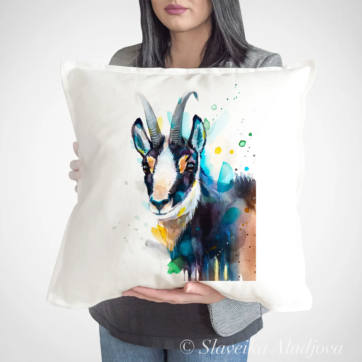 Cushion with a watercolour chamois print