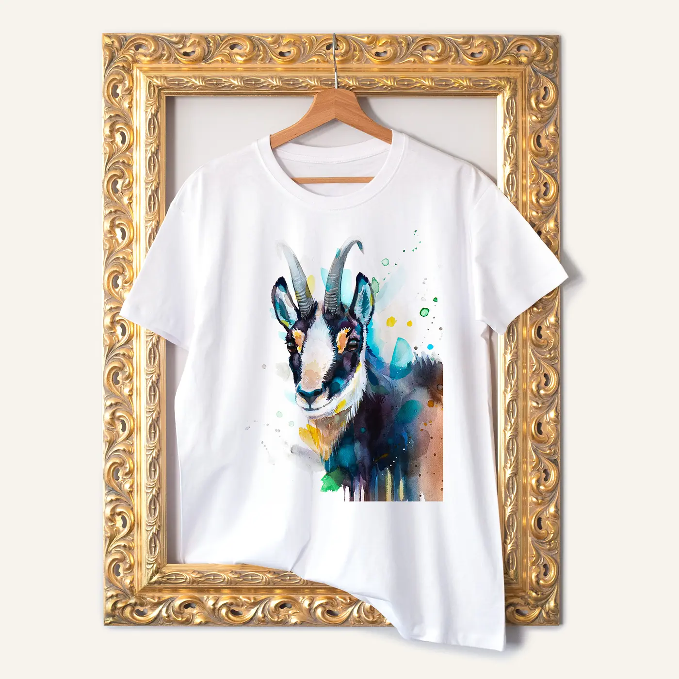 White t-shirt with a watercolour chamois print