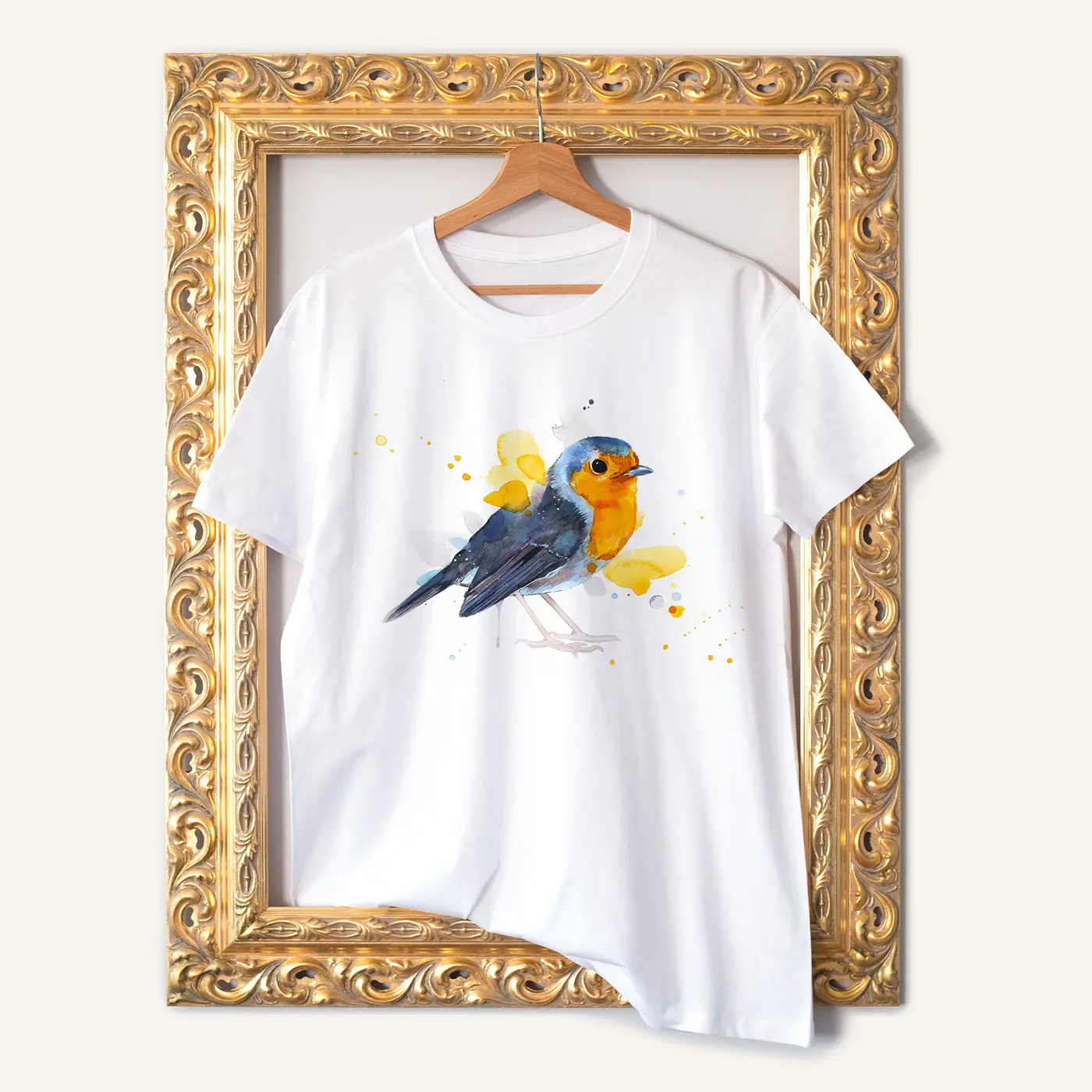 White t-shirt with a watercolour robin print