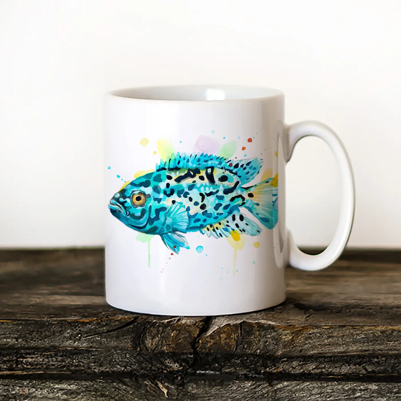 Ceramic mug with a watercolour cichlid fish print