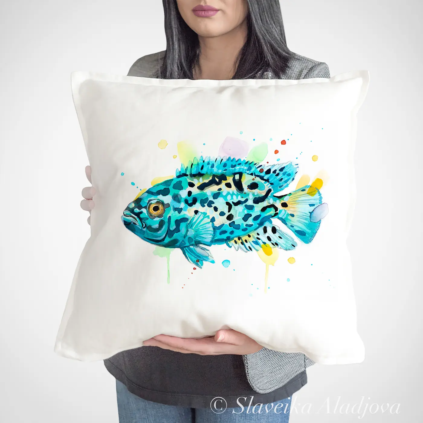 Cushion with a watercolour cichlid fish print