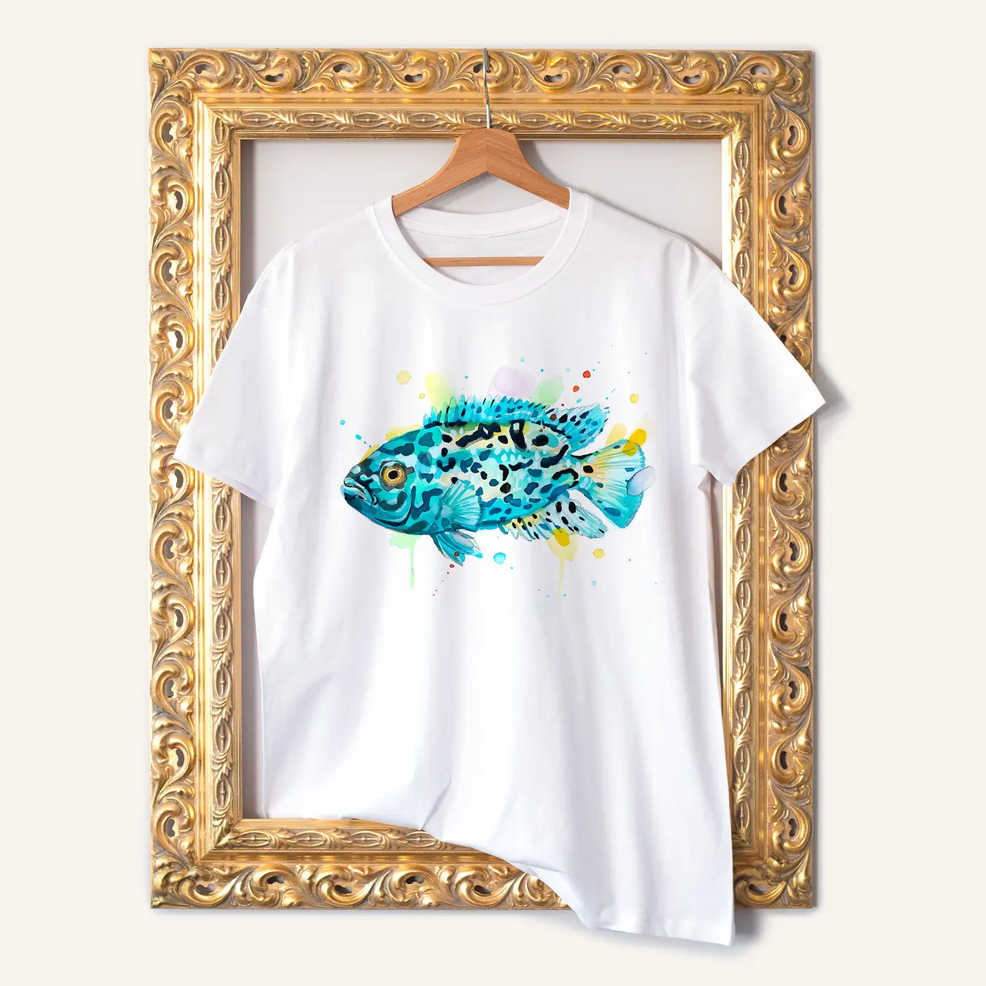 White t-shirt with a watercolour cichlid fish print