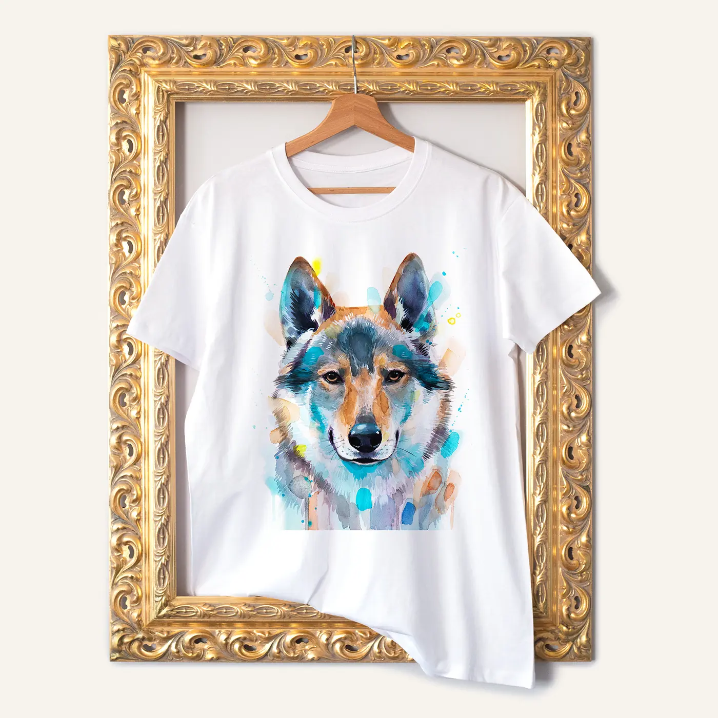 White t-shirt with a watercolour czechoslovakian wolfdog print