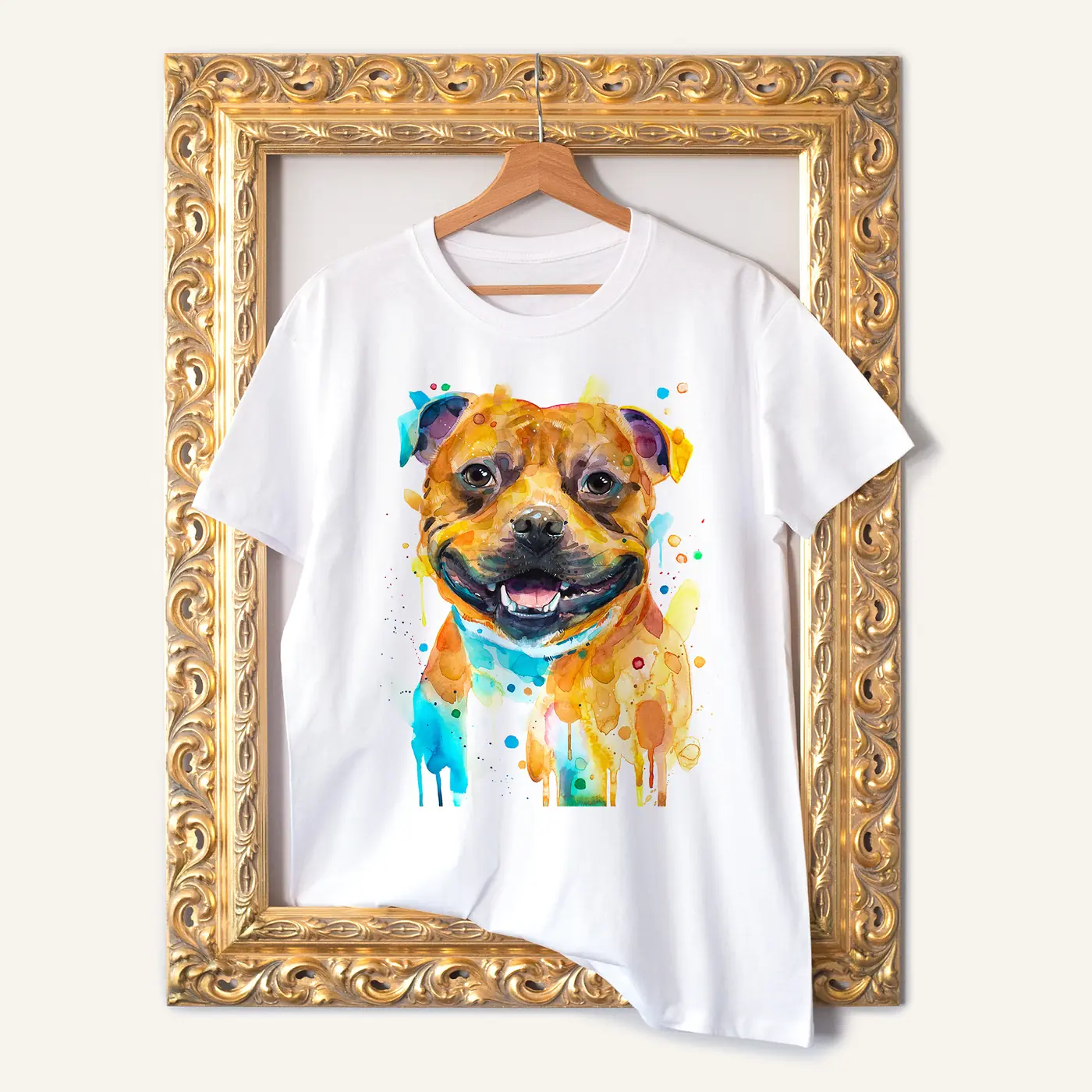 White t-shirt with a watercolour staffordshire bull terrier print