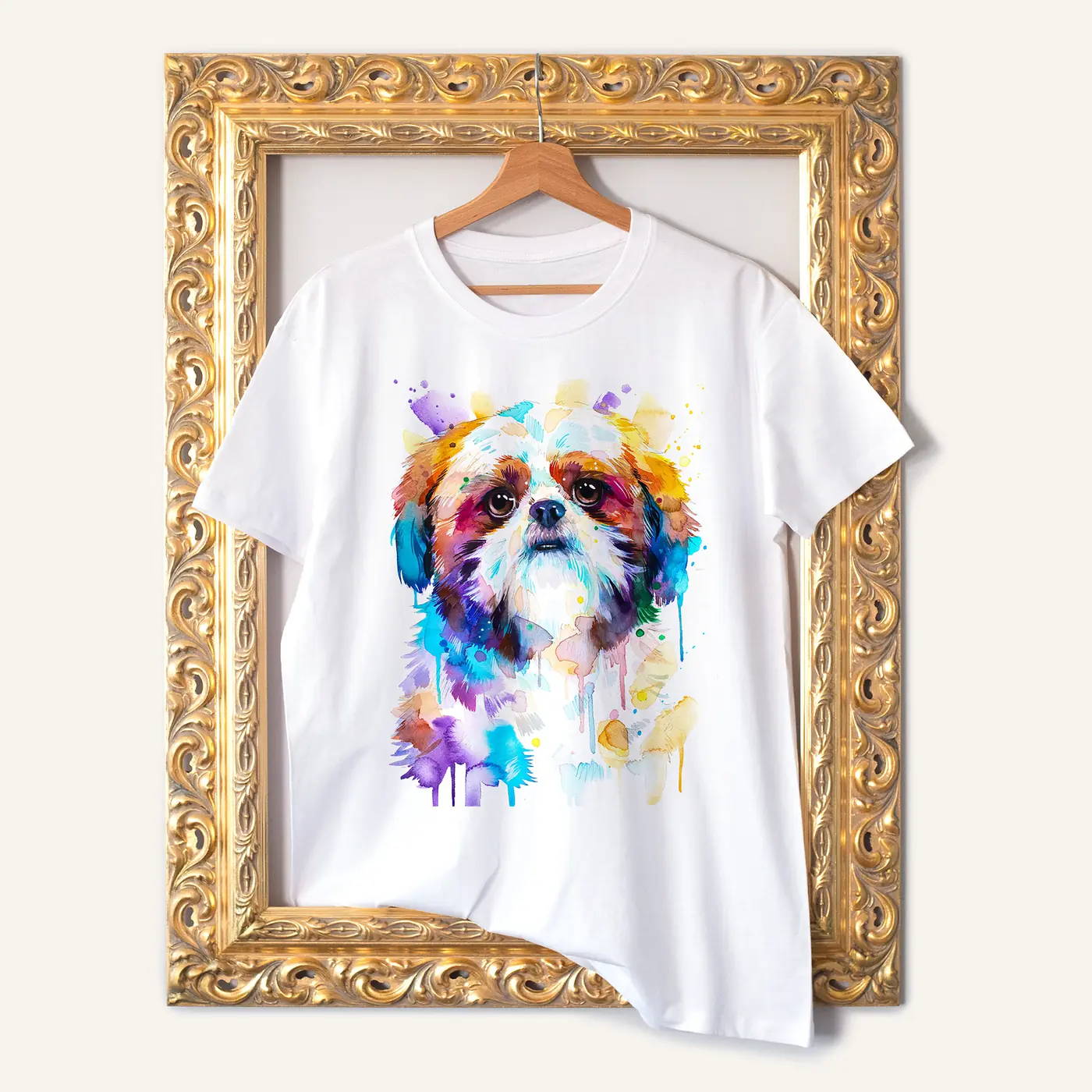 White t-shirt with a watercolour shih tzu print