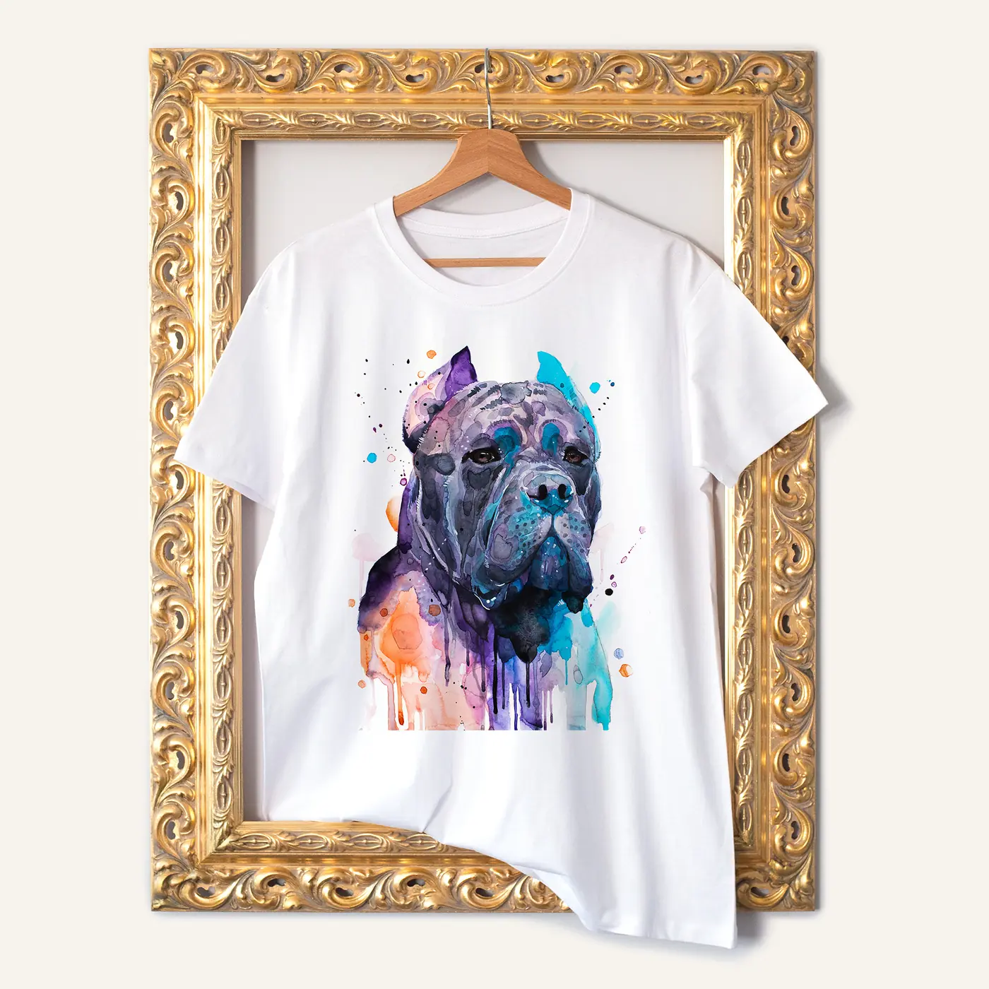 White t-shirt with a watercolour cane corso print