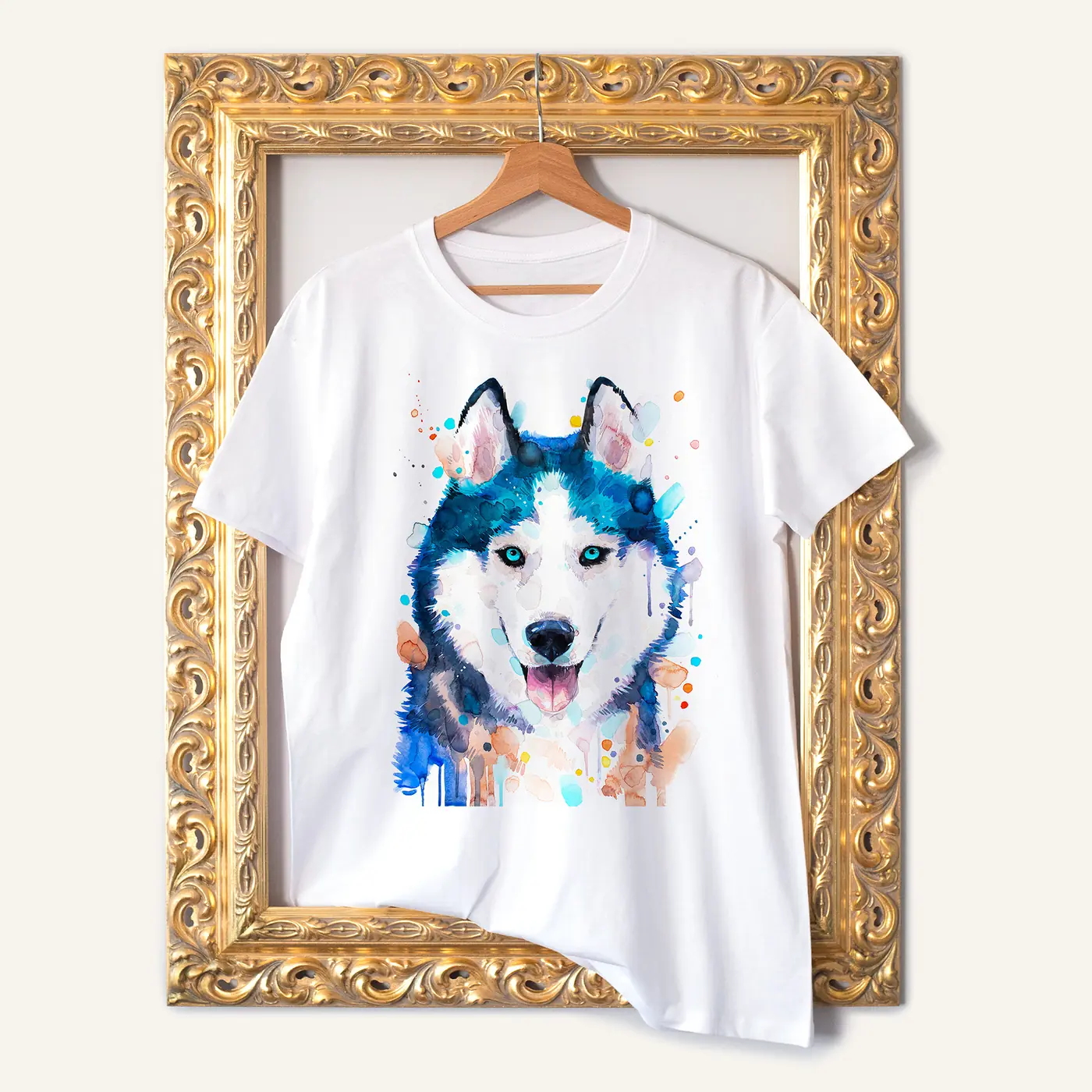 White t-shirt with a watercolour siberian husky print