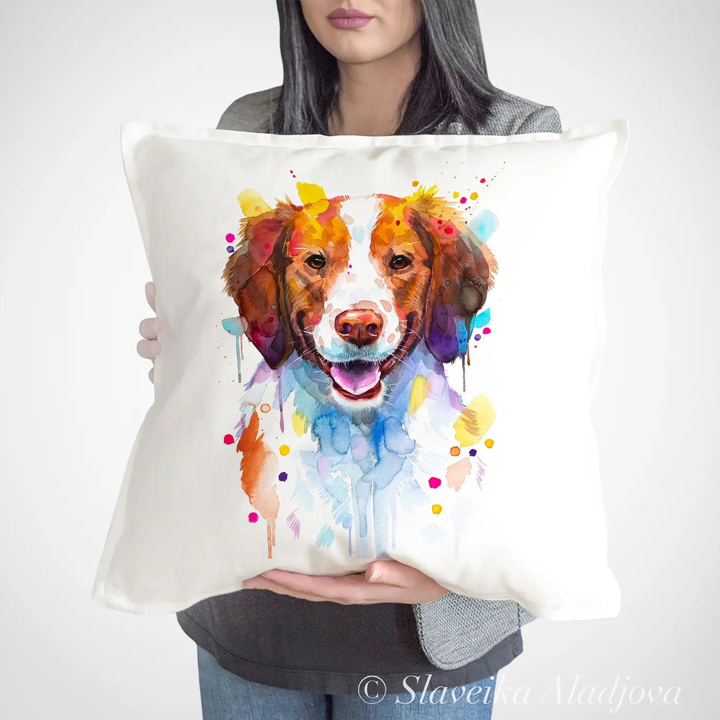 Cushion with a watercolour brittany spaniel print