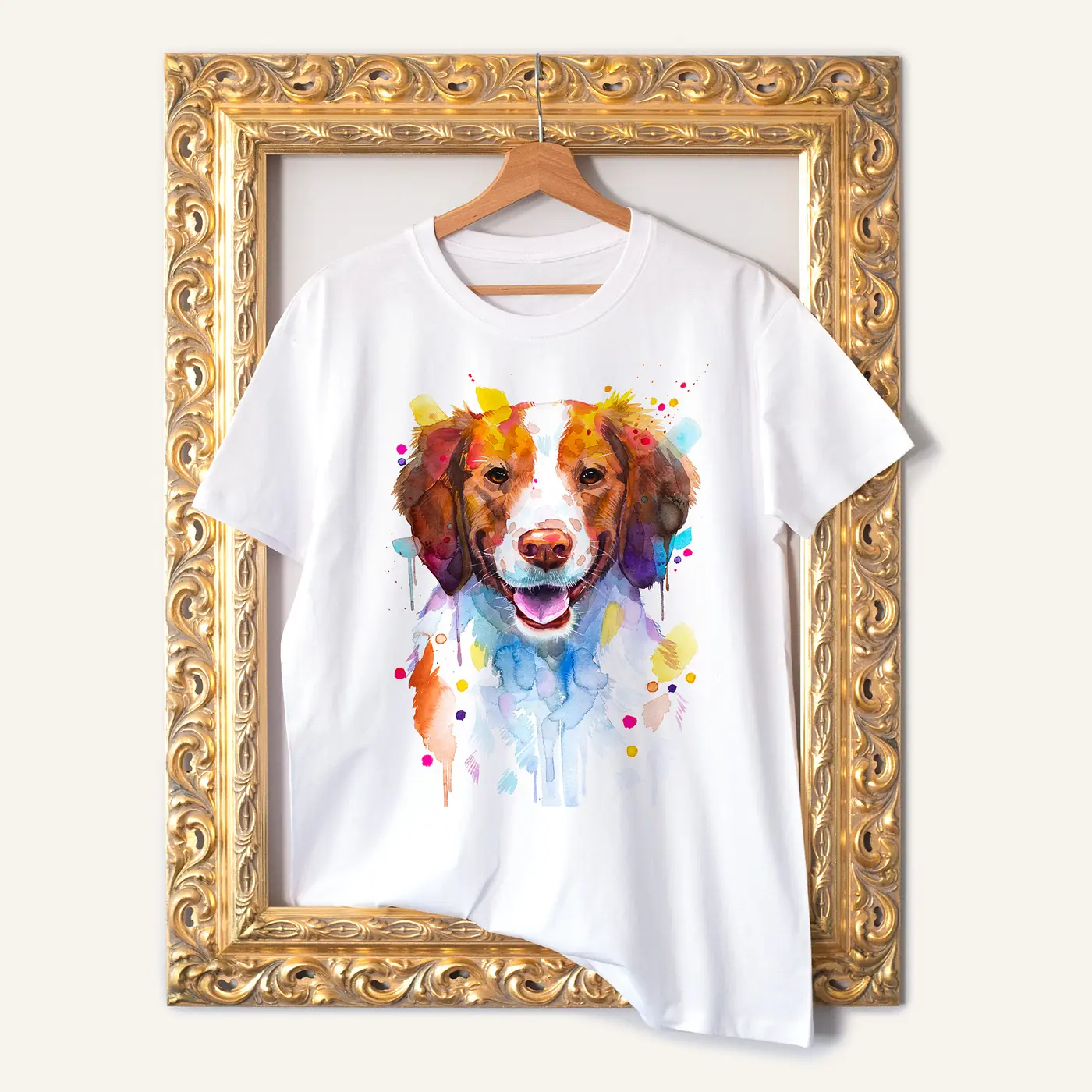 White t-shirt with a watercolour brittany spaniel print