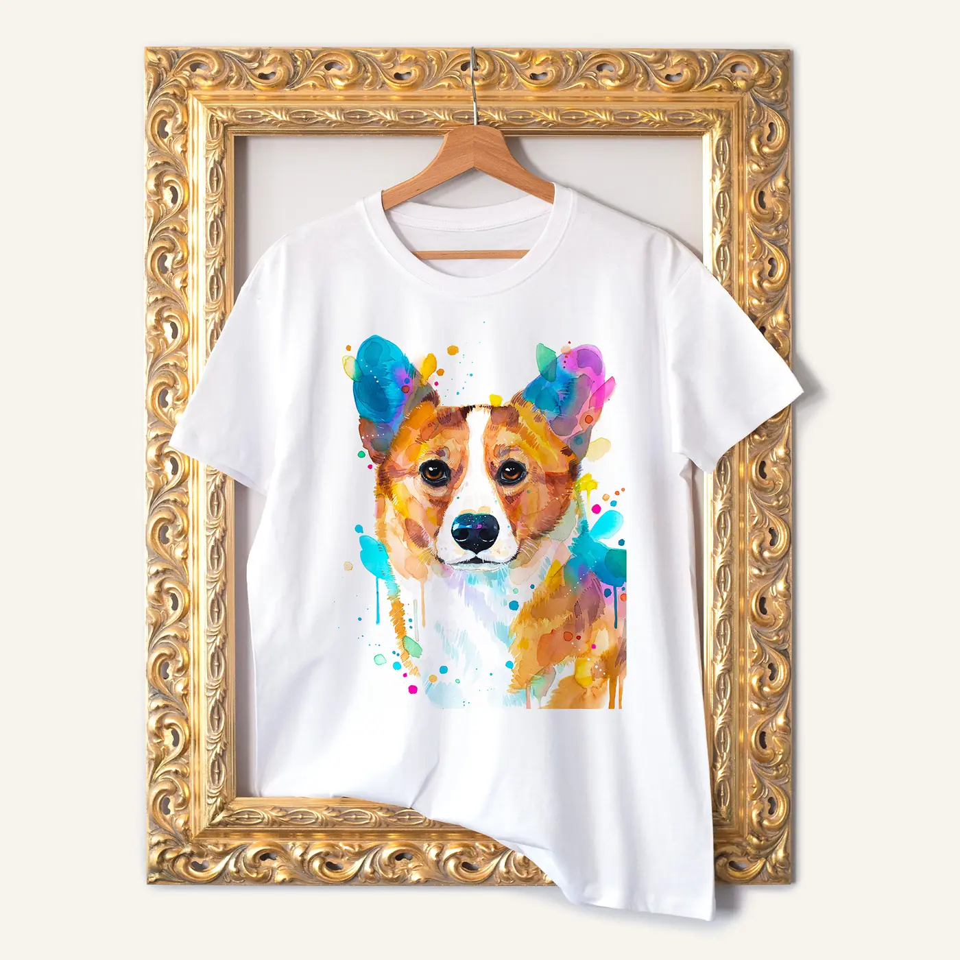 White t-shirt with a watercolour welsh corgi print