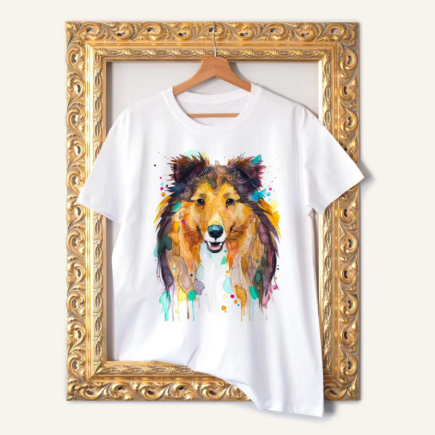 White t-shirt with a watercolour shetland sheepdog print