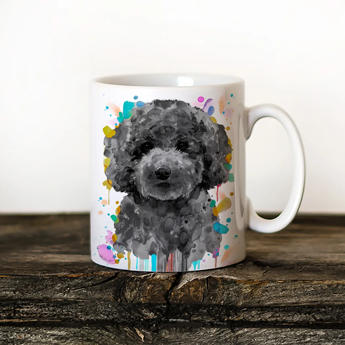Ceramic mug with a watercolour black poodle print