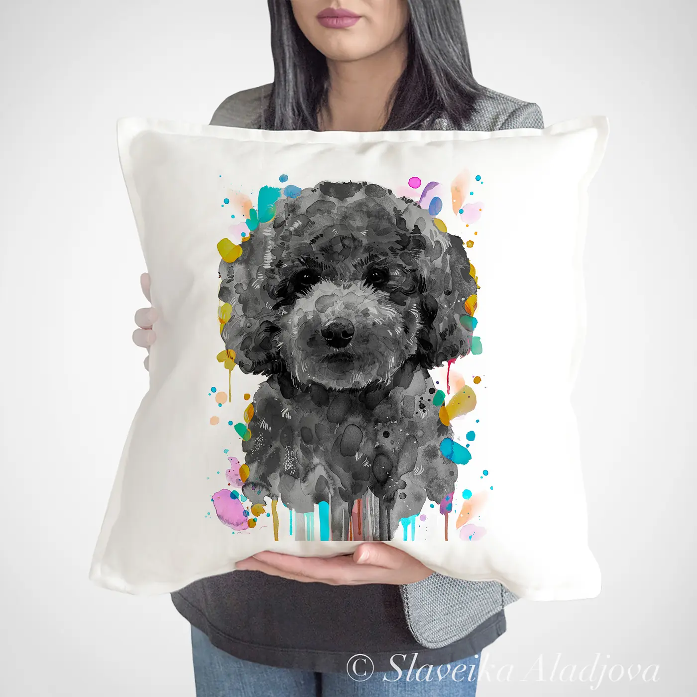 Cushion with a watercolour black poodle print