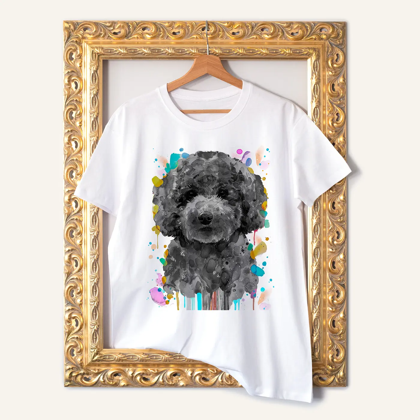 White t-shirt with a watercolour black poodle print
