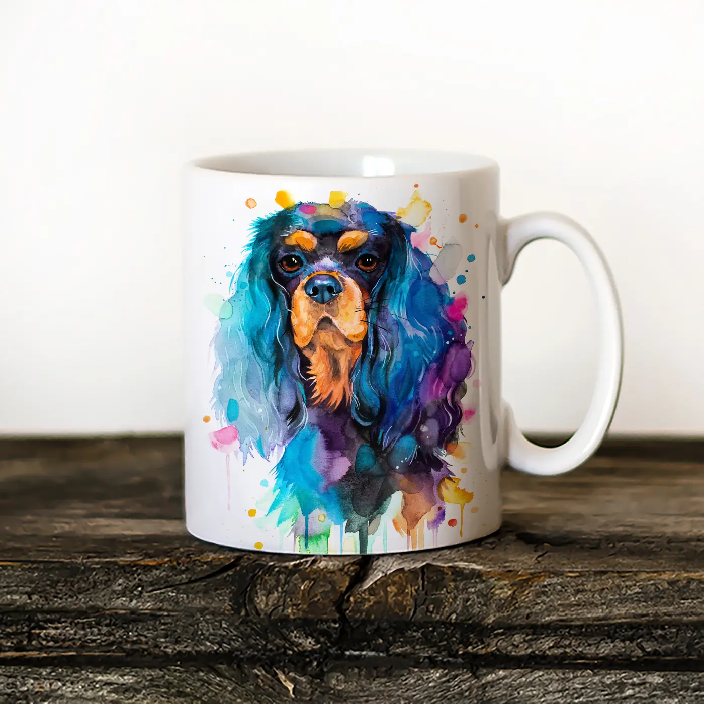 Ceramic mug with a watercolour cavalier king charles spaniel print