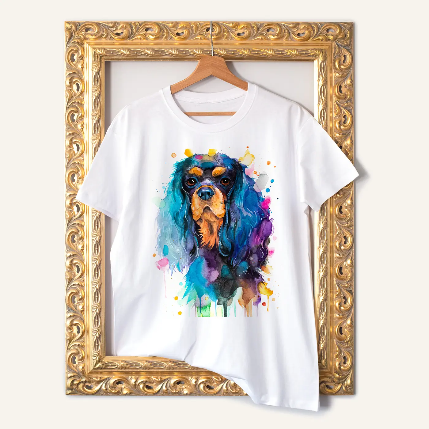 White t-shirt with a watercolour cavalier king charles spaniel print