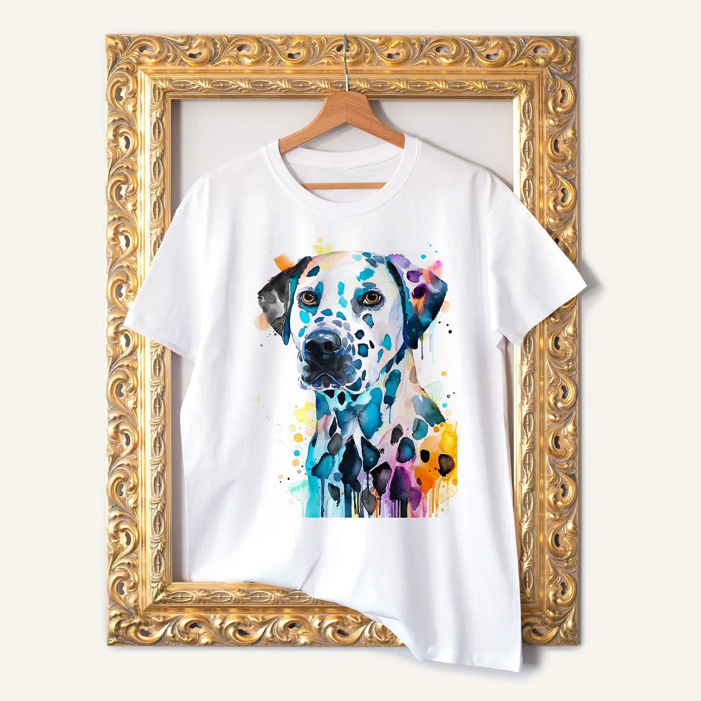 White t-shirt with a watercolour dalmatian print