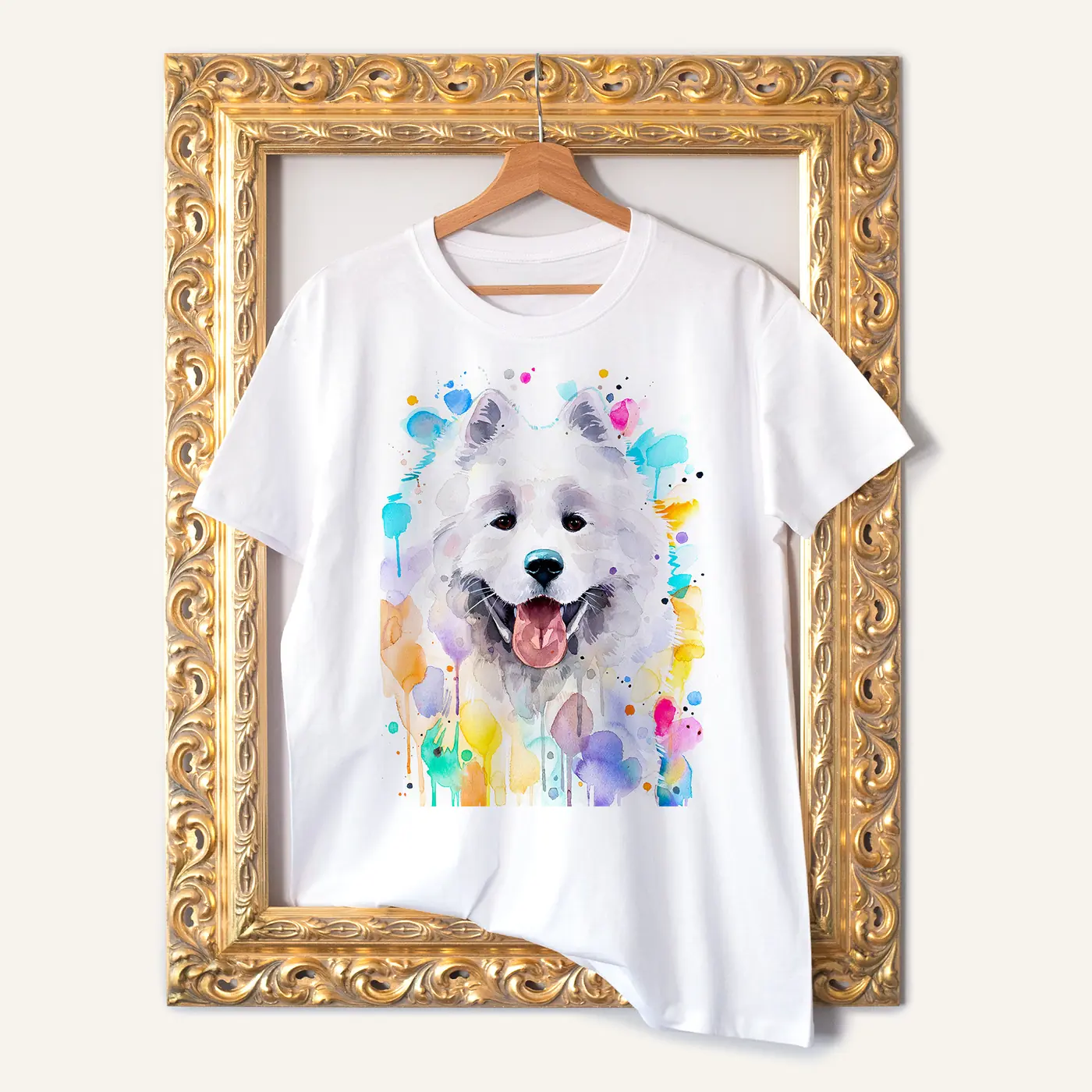 White t-shirt with a watercolour samoyed print