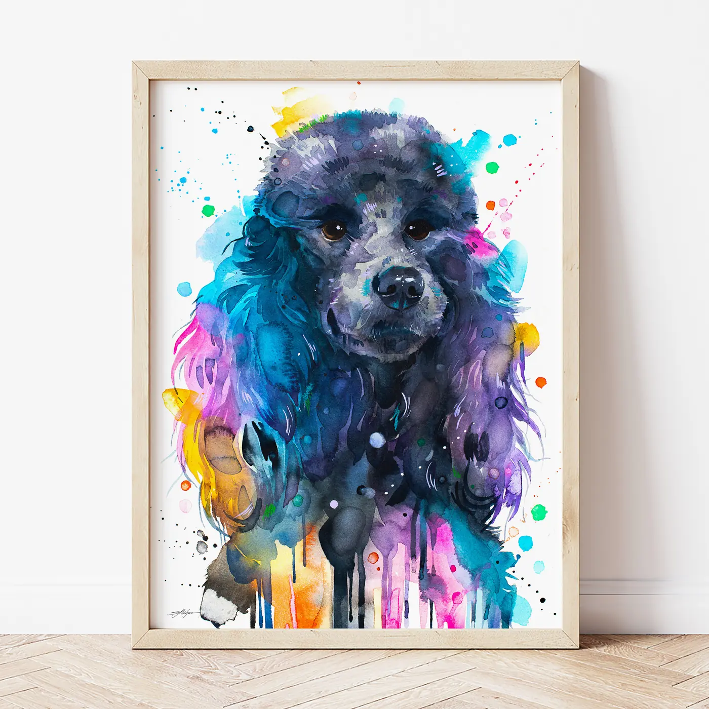 Art print with a watercolour black poodle print