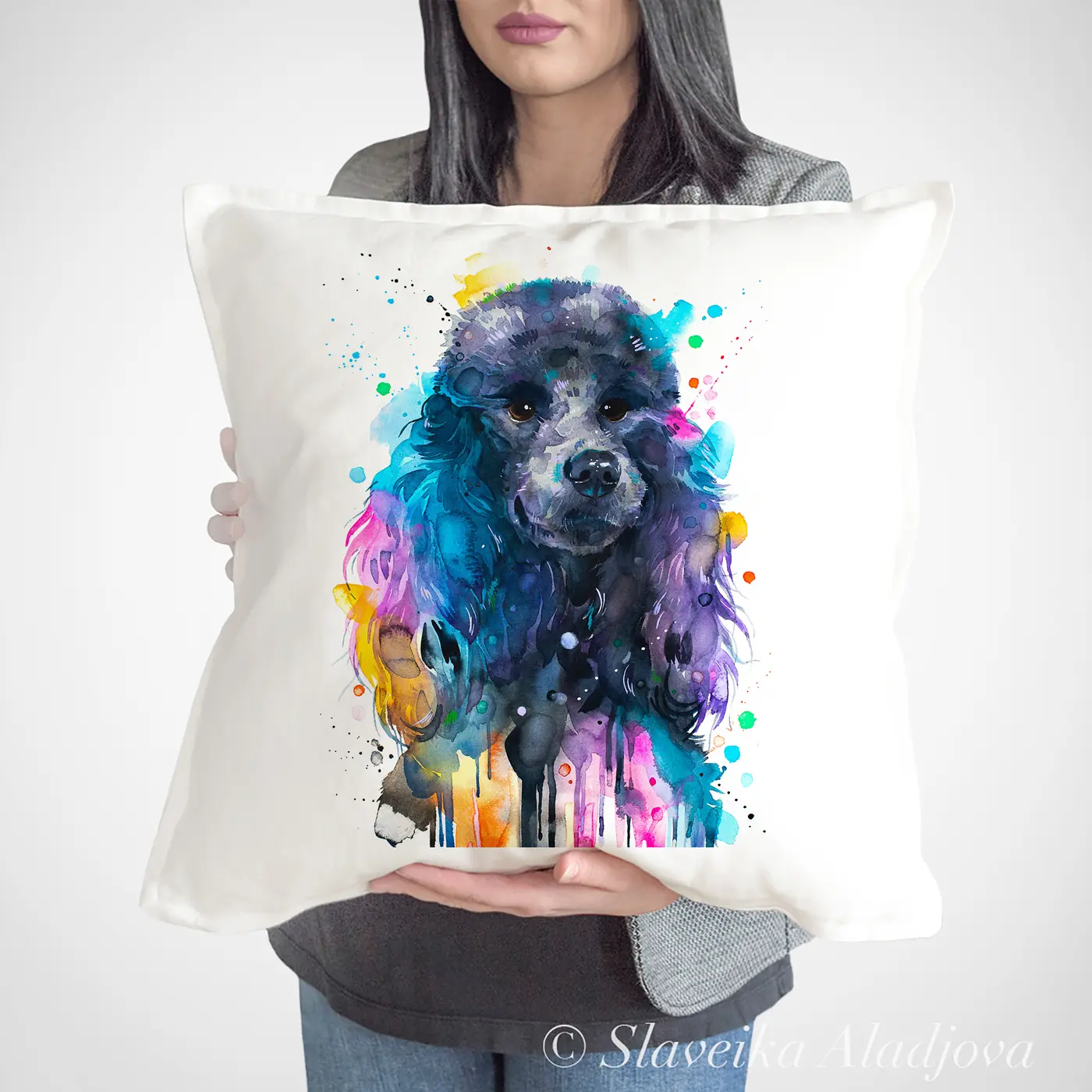 Cushion with a watercolour black poodle print