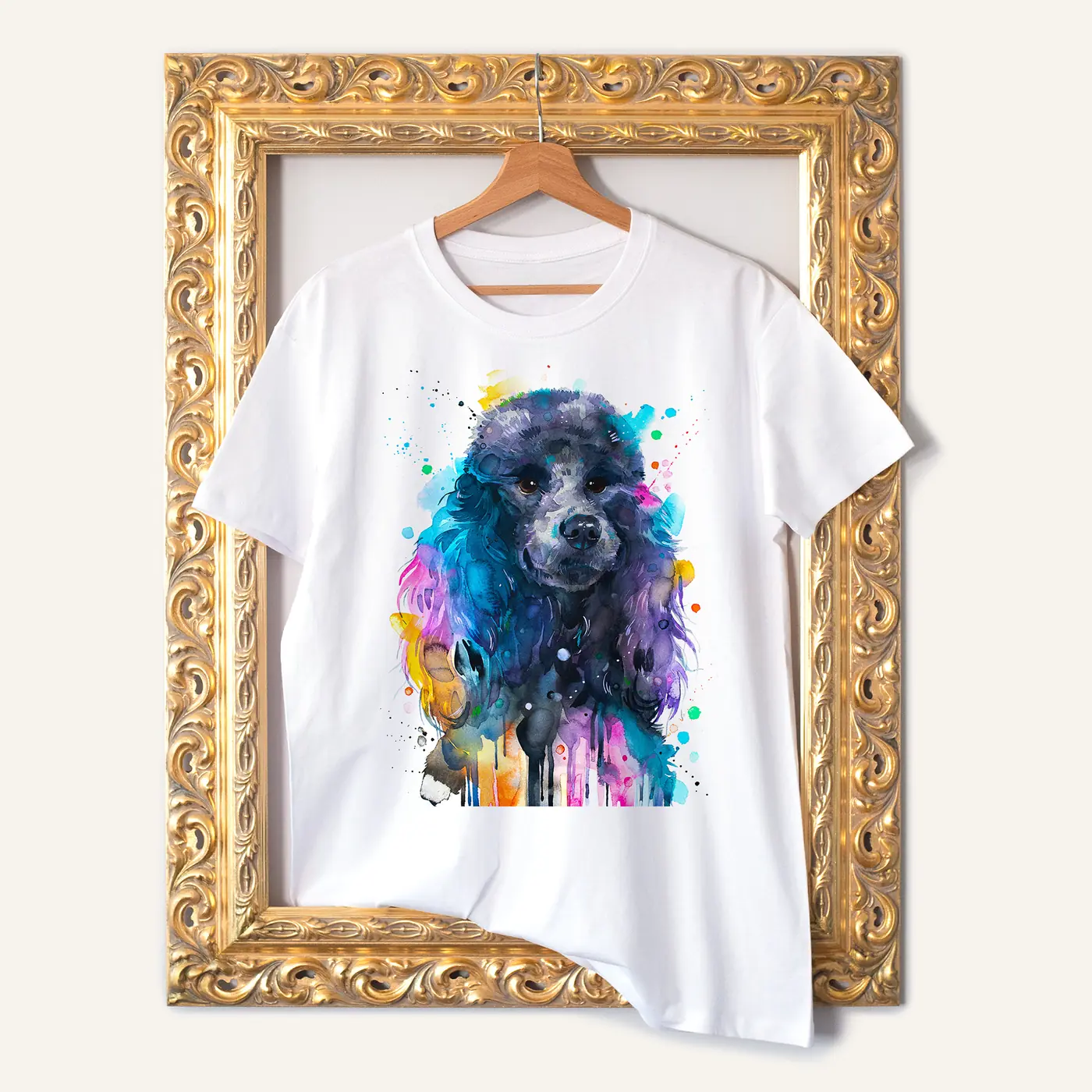 White t-shirt with a watercolour black poodle print